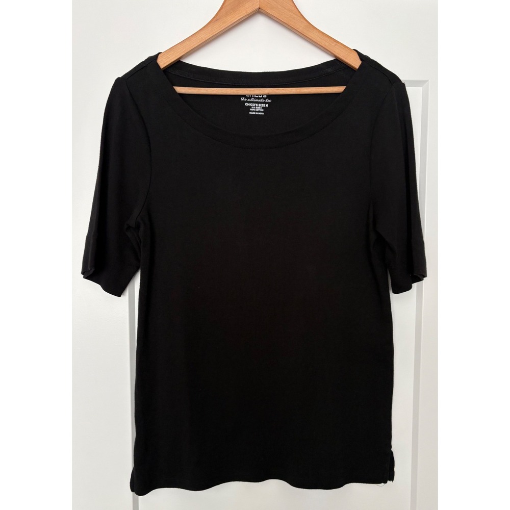 Chicos The Ultimate Tee Black Scoop Neck Gorpcore Grandmacore Cotton Size 0 S